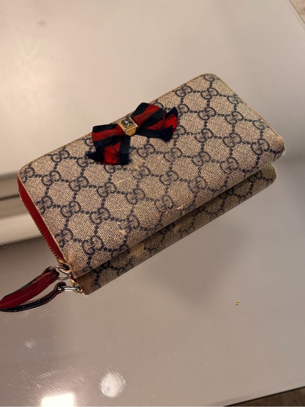 Gucci Beige Canvas Monogram Wallet with Navy and Red Bow